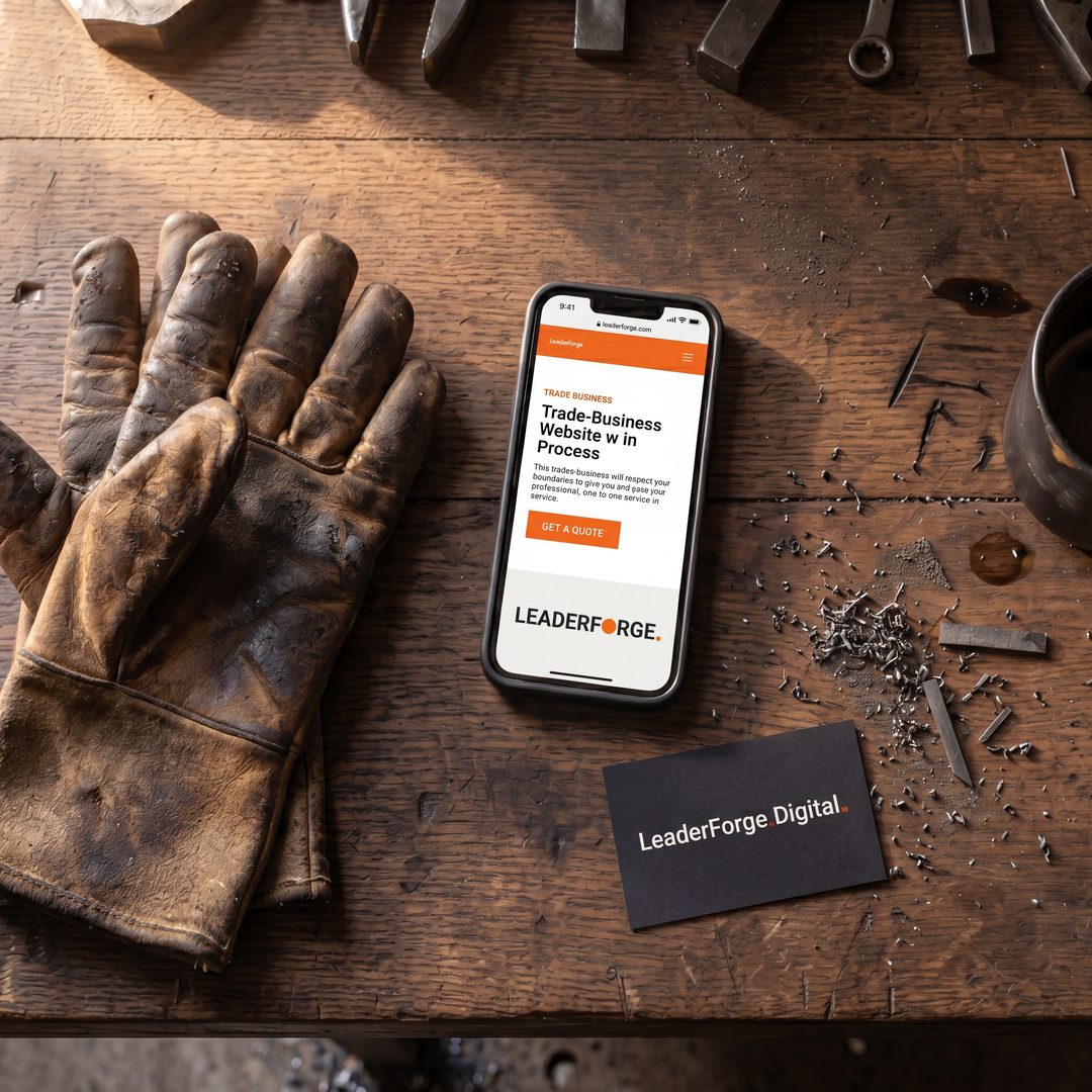 Workshop flat lay with phone and tools